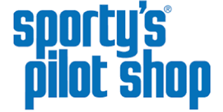 A blue and white logo for sporty 's pilot shop.