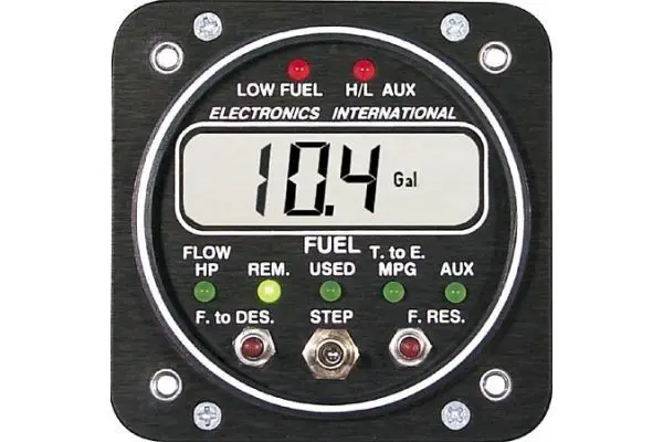 A digital fuel gauge is shown with the time and amount of fuel.